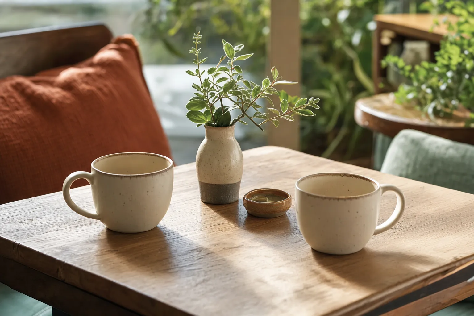 Two ceramic mugs and a small vase with greenery on a sunlit wooden table.