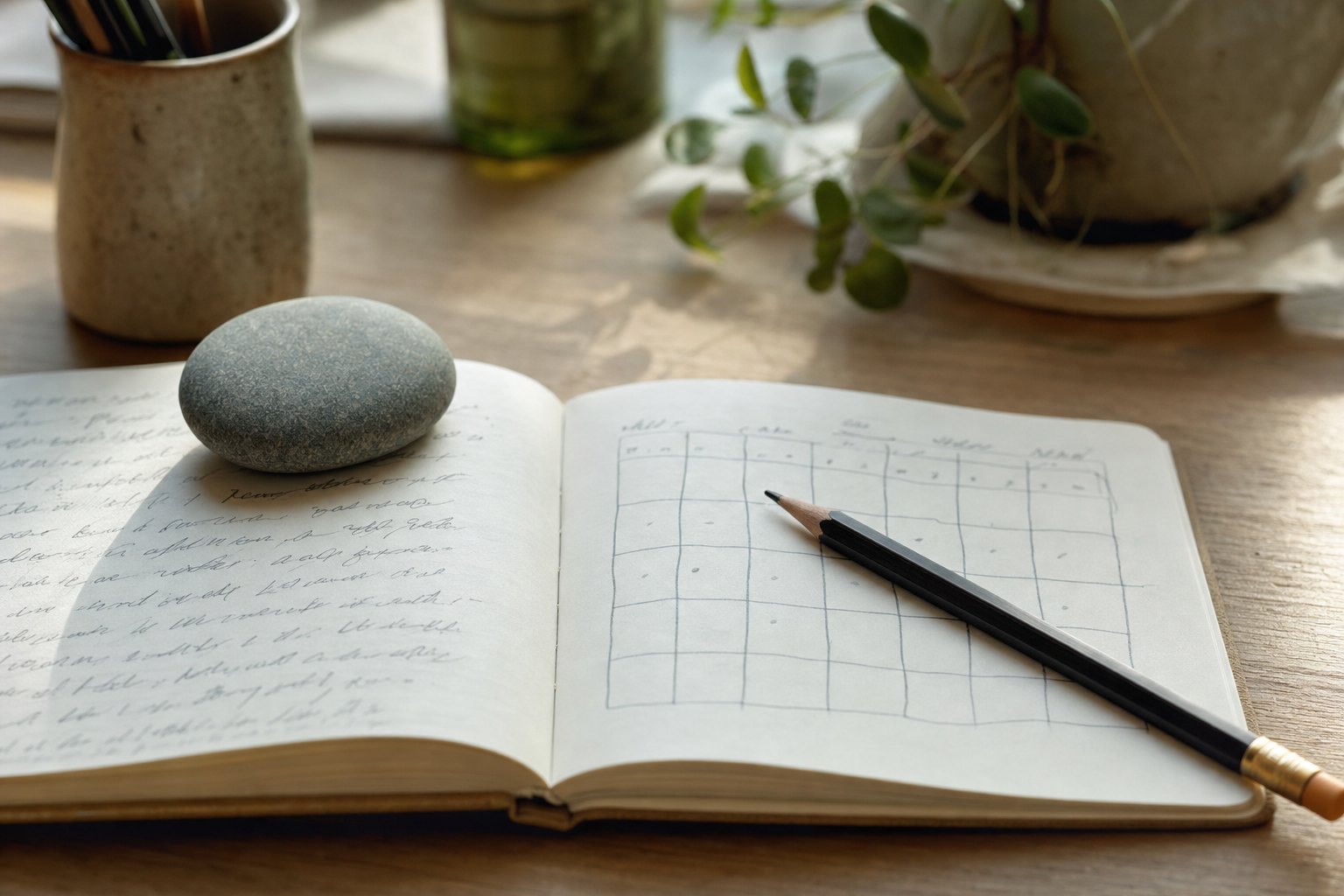 A journal, pencil, and smooth stone on a sunlit wooden desk.