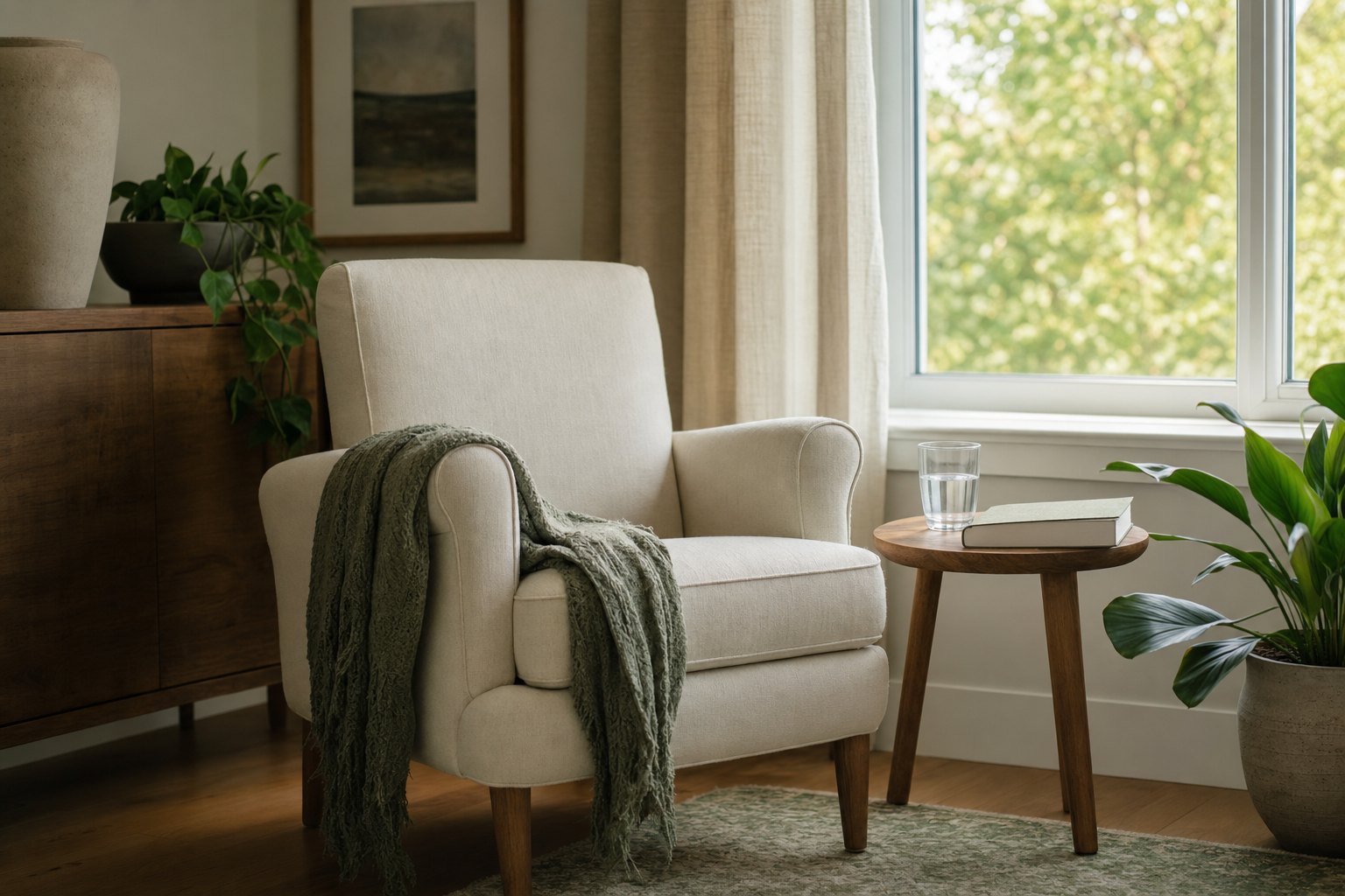A quiet reading chair with a blanket, book, and glass of water beside a window.