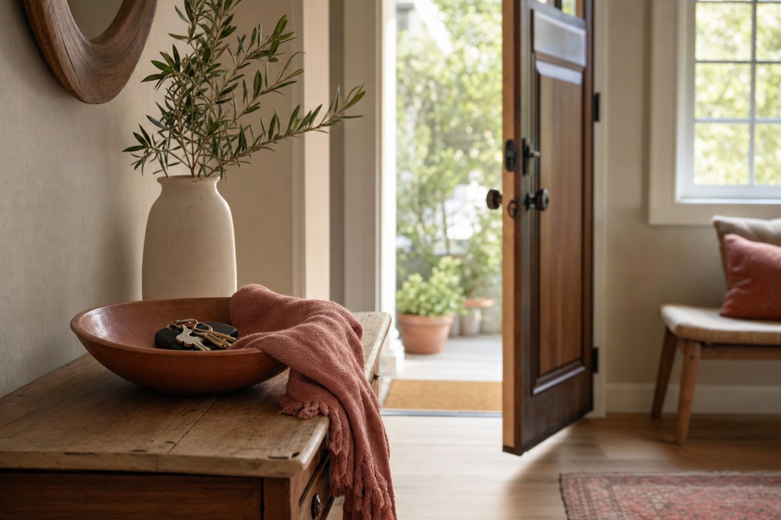 A calm home entryway with a scarf and keys resting on a wooden table.