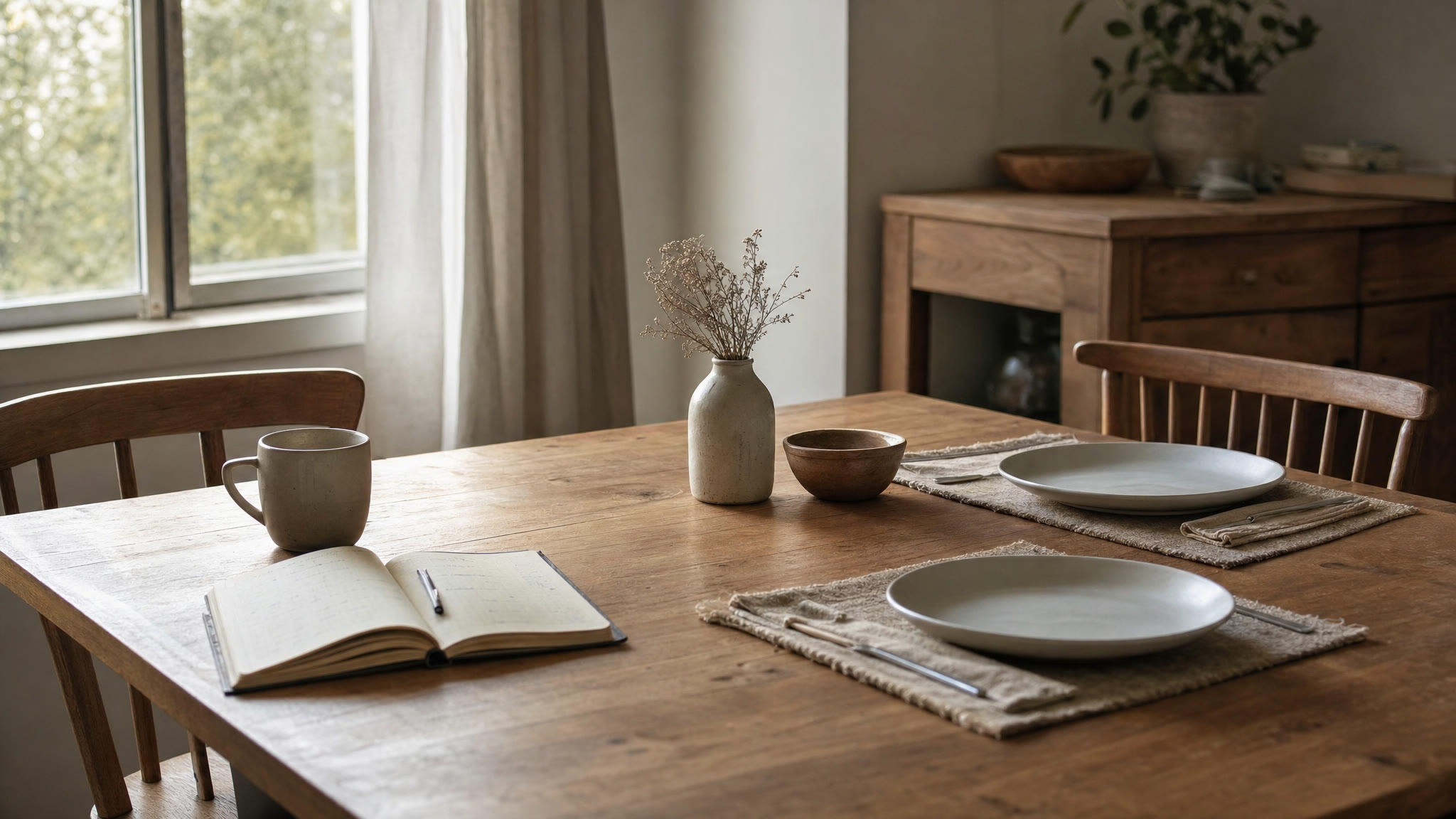 A dining table set for two with a journal, mug, and untouched place setting.