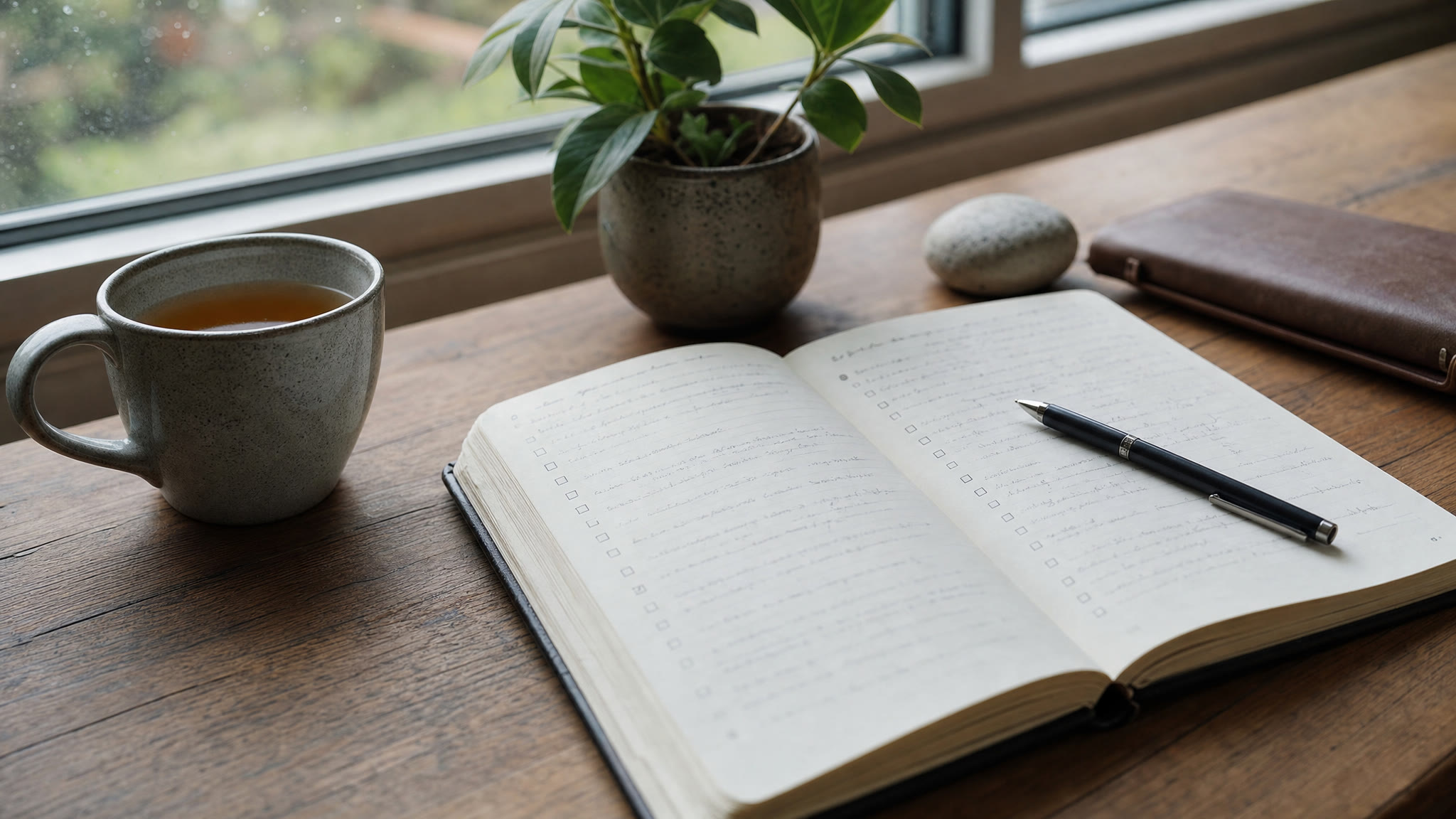 An open journal and cup of tea on a wooden table beside a window.
