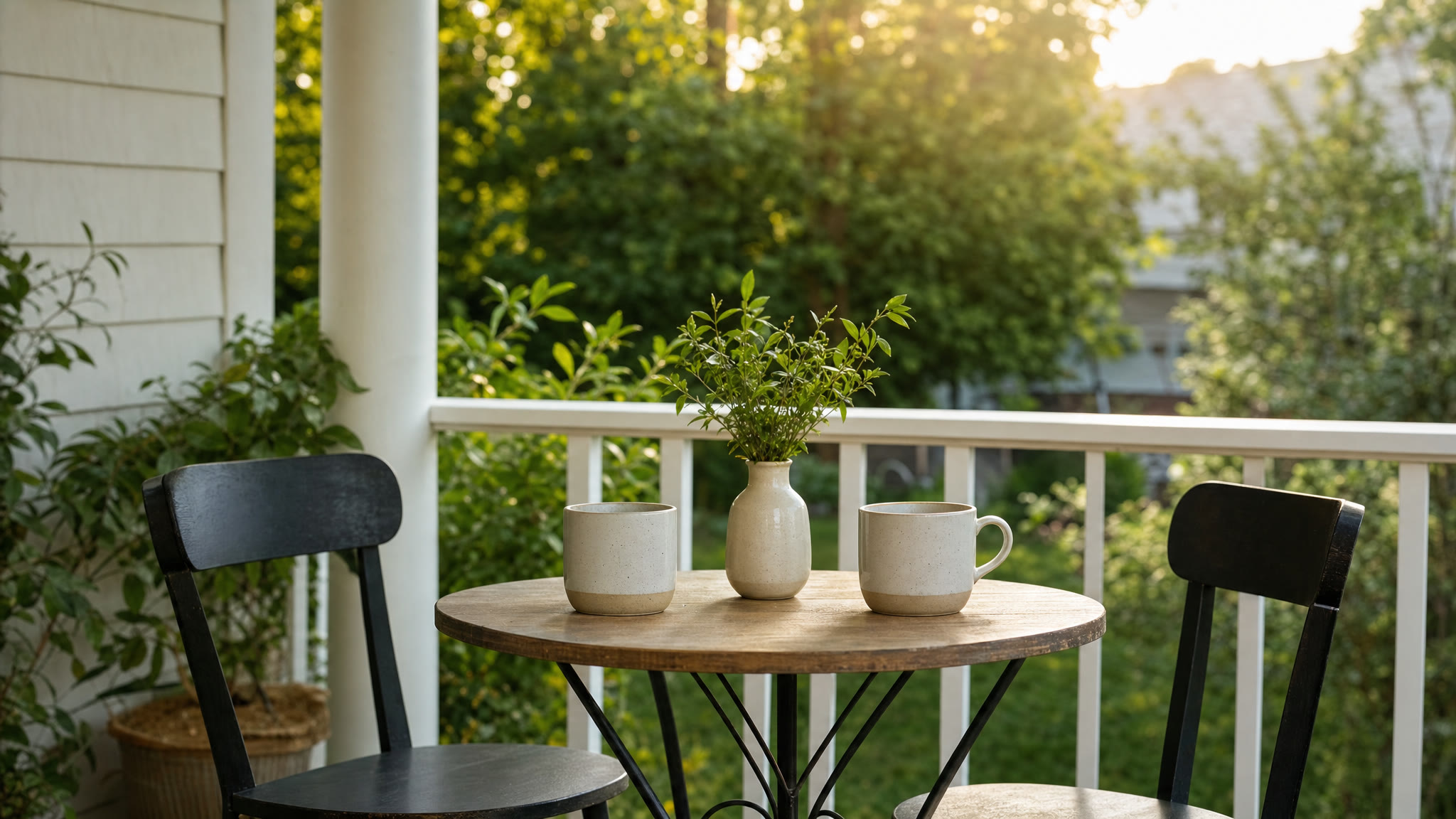Two mugs and a vase of greenery on a porch table in afternoon light.