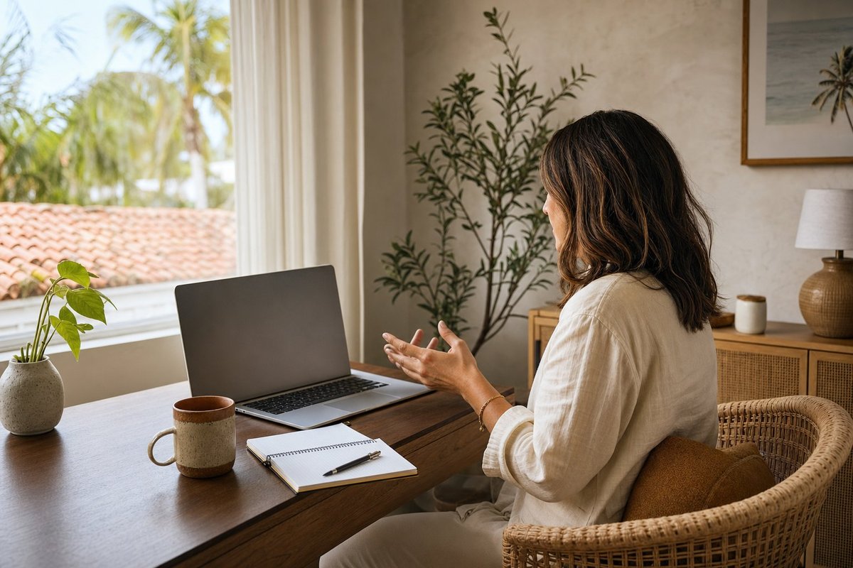 Adult speaking from a private home office during an online therapy session