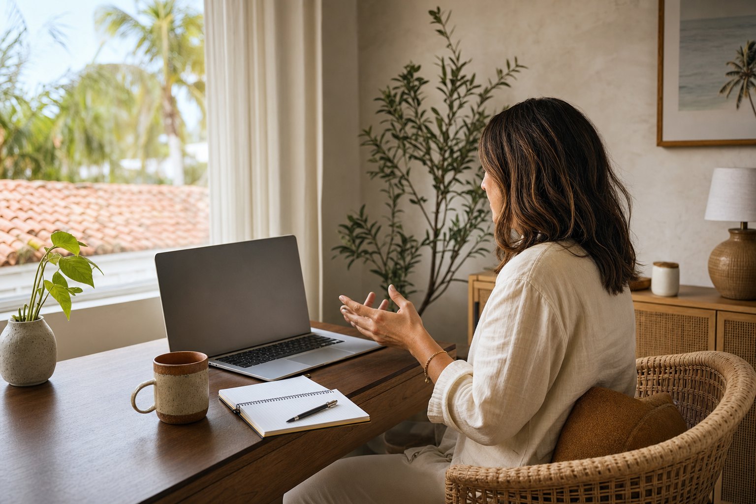 Adult speaking in a private home office during an online therapy session