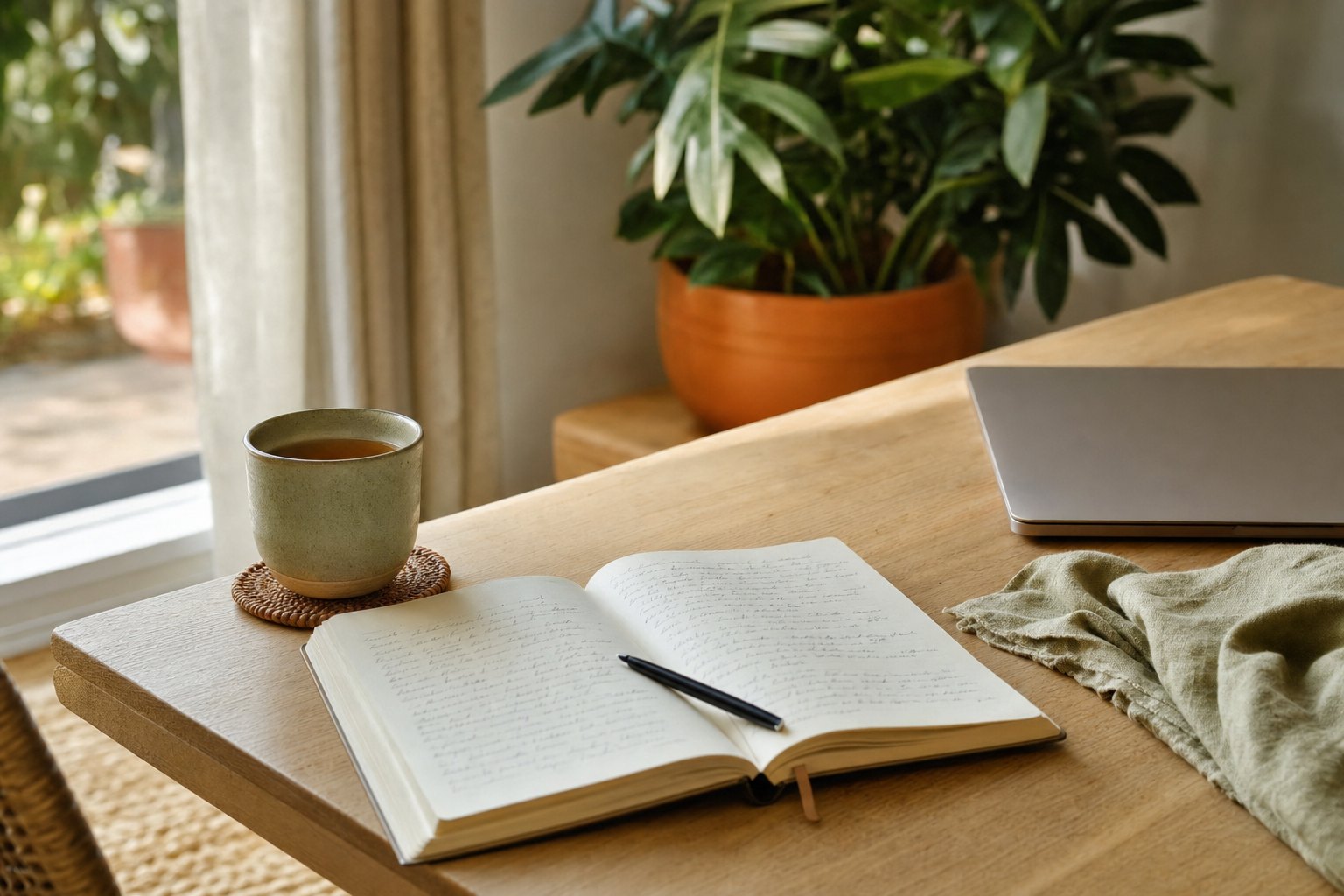 Notebook, tea, and a closed laptop in a quiet home setting