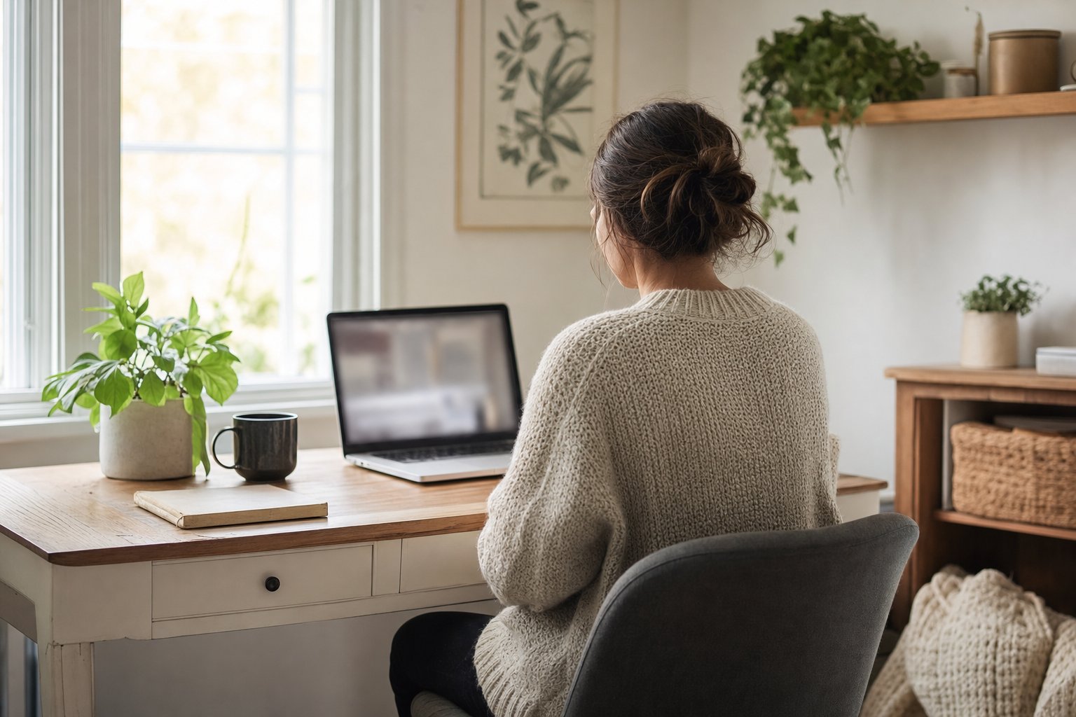 Adult taking part in a private online therapy session from a home office