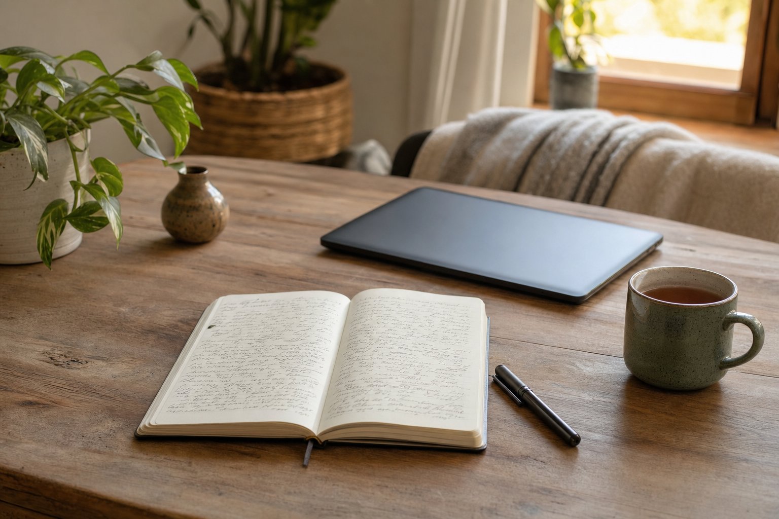 Journal, tea, and laptop in a quiet home setting