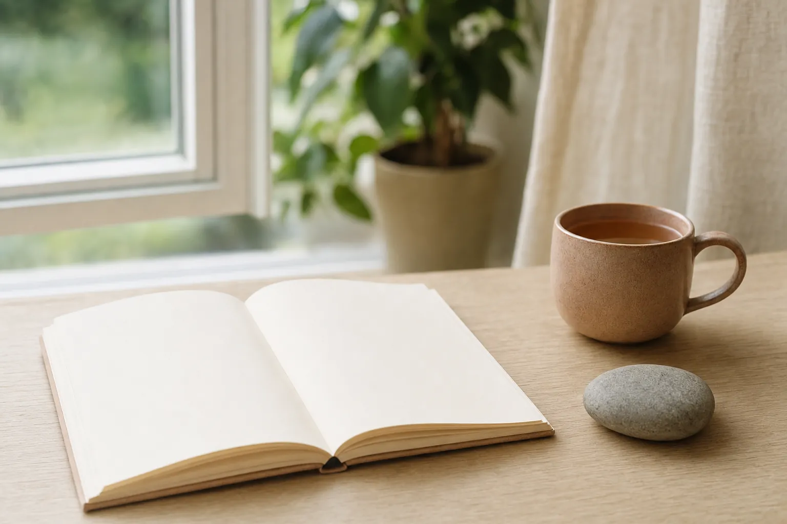 Open journal, tea, and a smooth stone in a quiet sunlit room