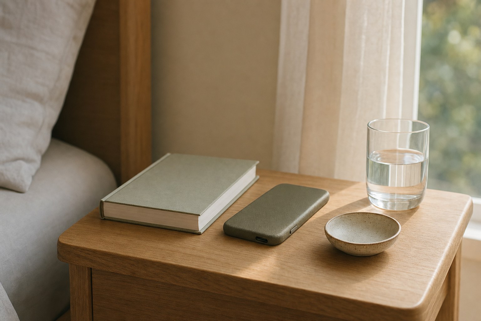 A phone resting face down beside a book and glass of water on a bedside table.