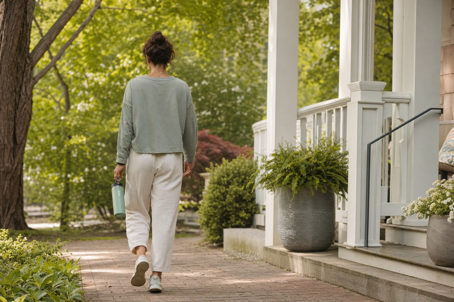 A woman taking a slow walk on a leafy porch with a water bottle.