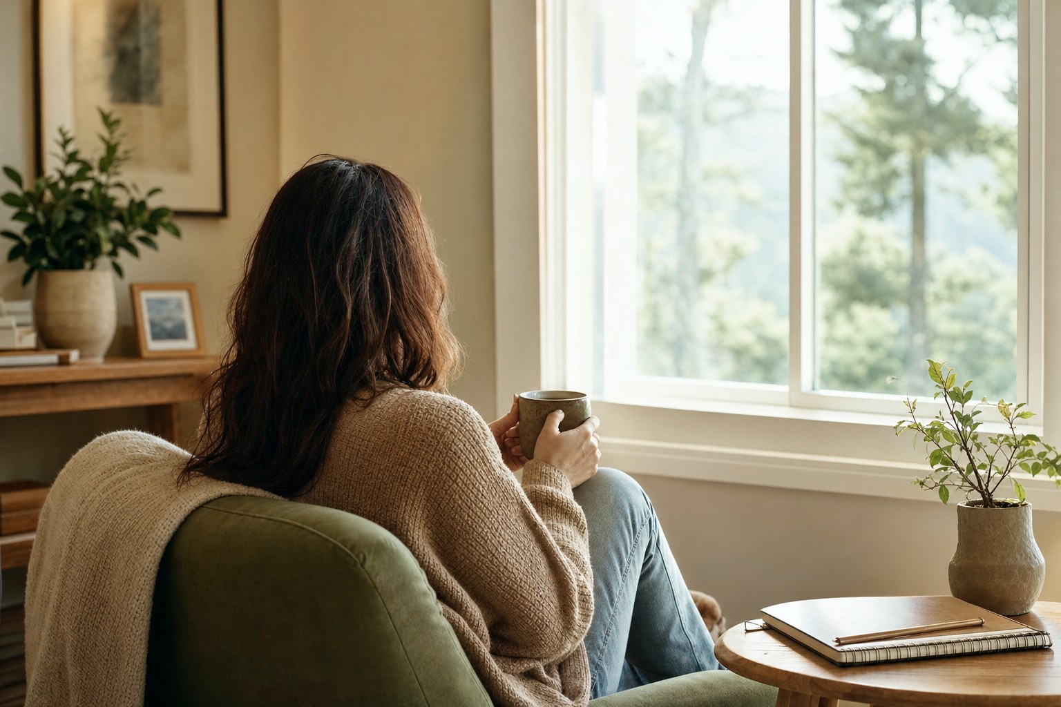 A woman taking a quiet moment with a warm drink beside a sunny window.