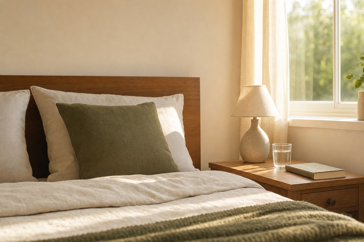 A quiet bedroom with a glass of water and a book on a bedside table in morning light.