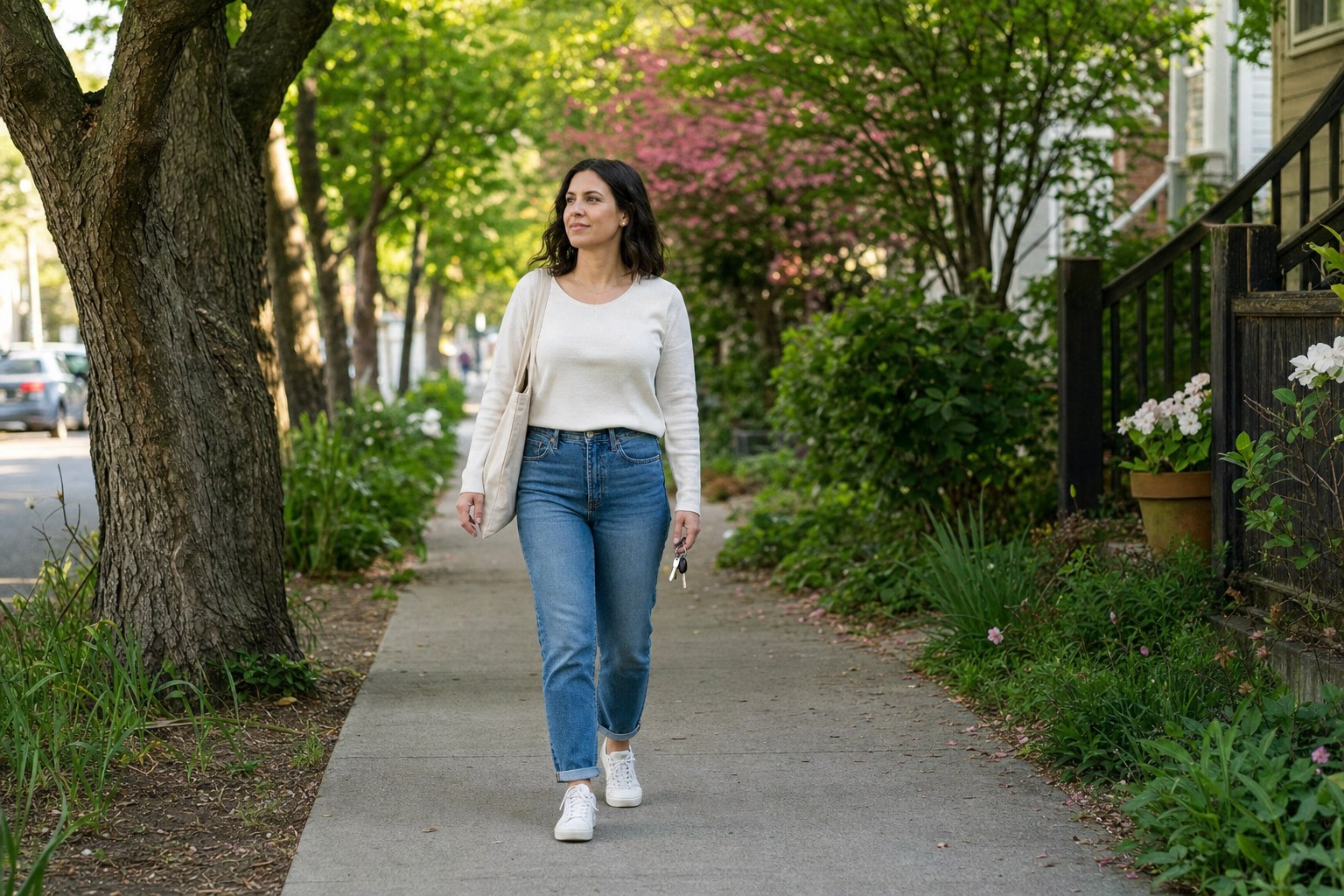 A woman walking calmly along a tree-lined neighborhood sidewalk while carrying her keys.
