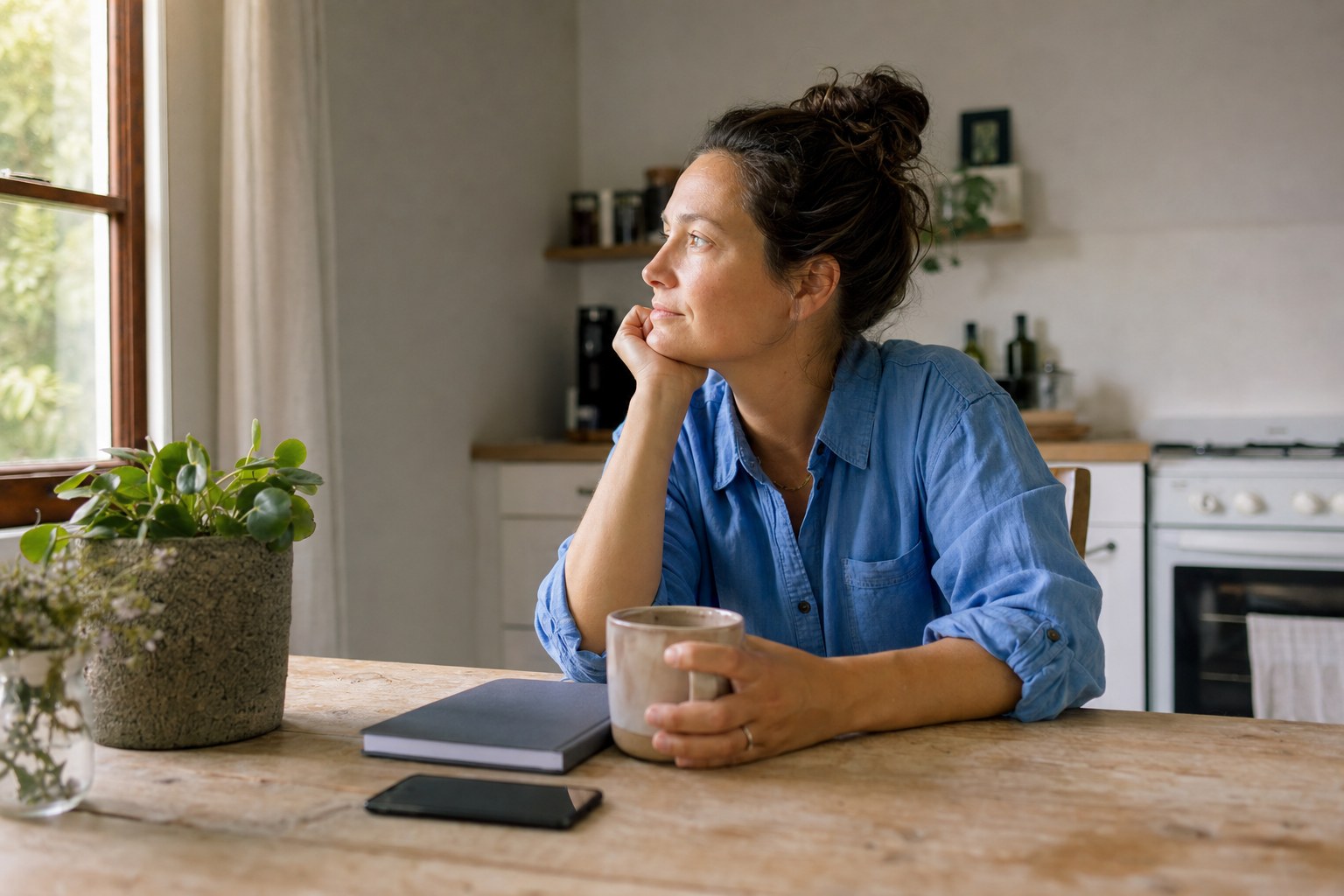 A woman taking a thoughtful pause at her kitchen table beside a notebook and phone.