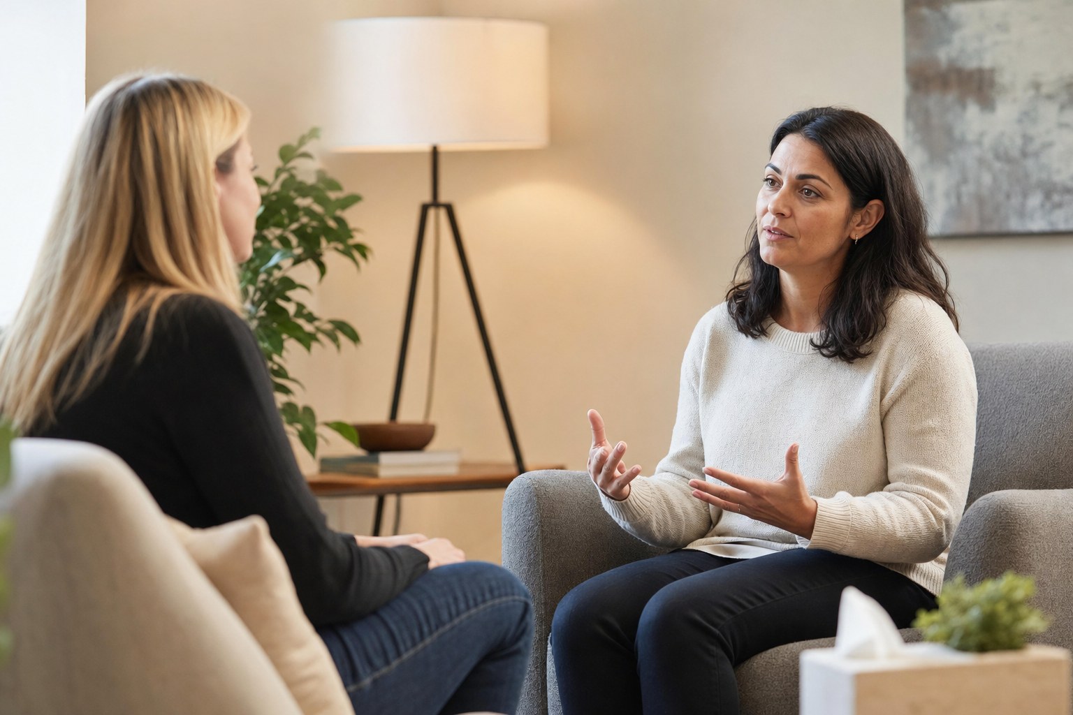 Two women having a calm conversation in a private counseling office.