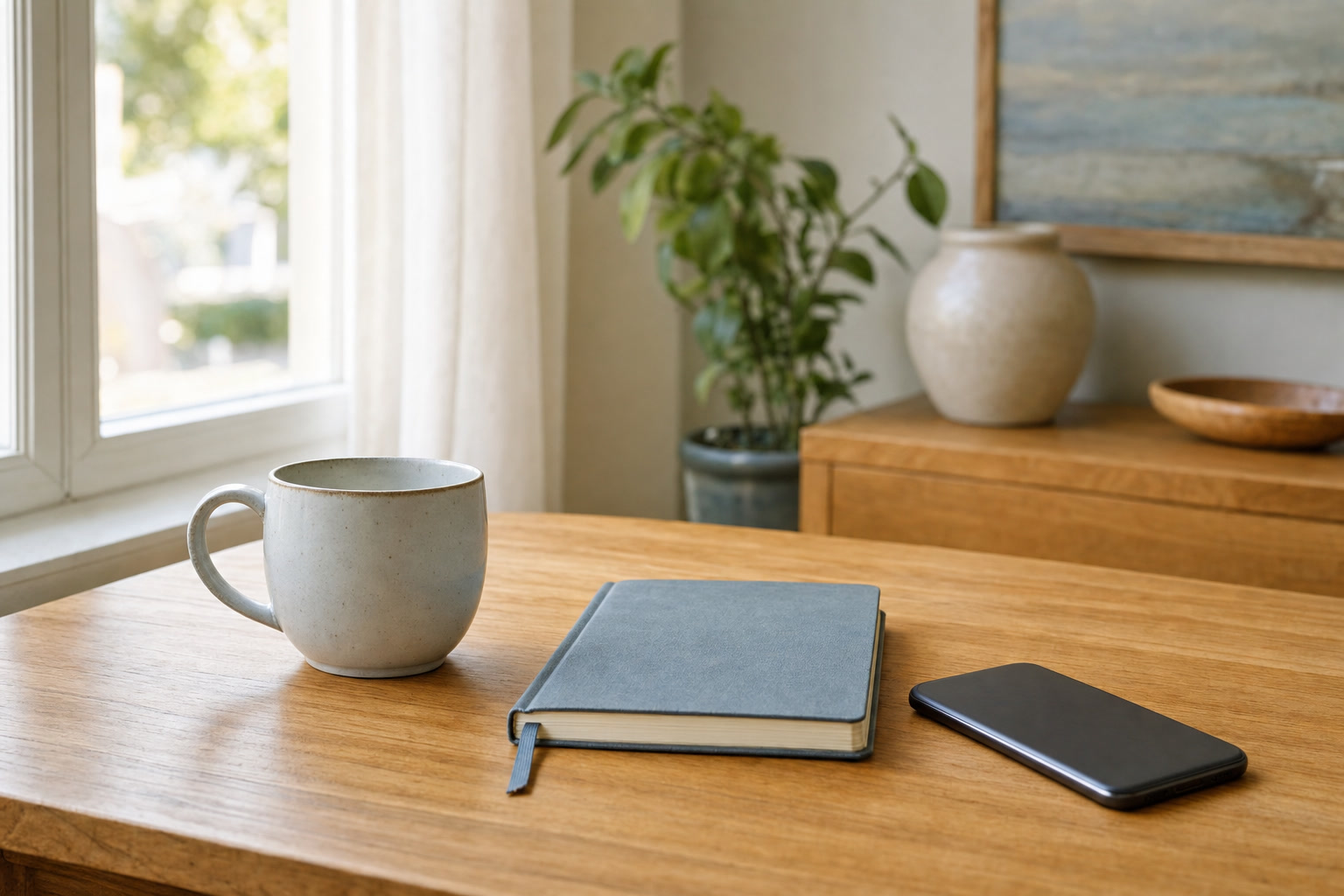 A journal, mug, and phone resting quietly on a sunlit wooden table.