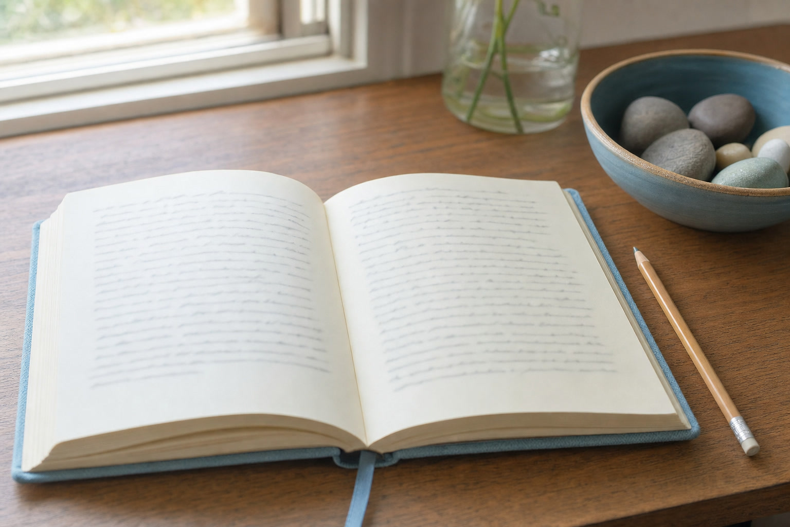 An open journal beside a pencil and smooth stones on a wooden desk.