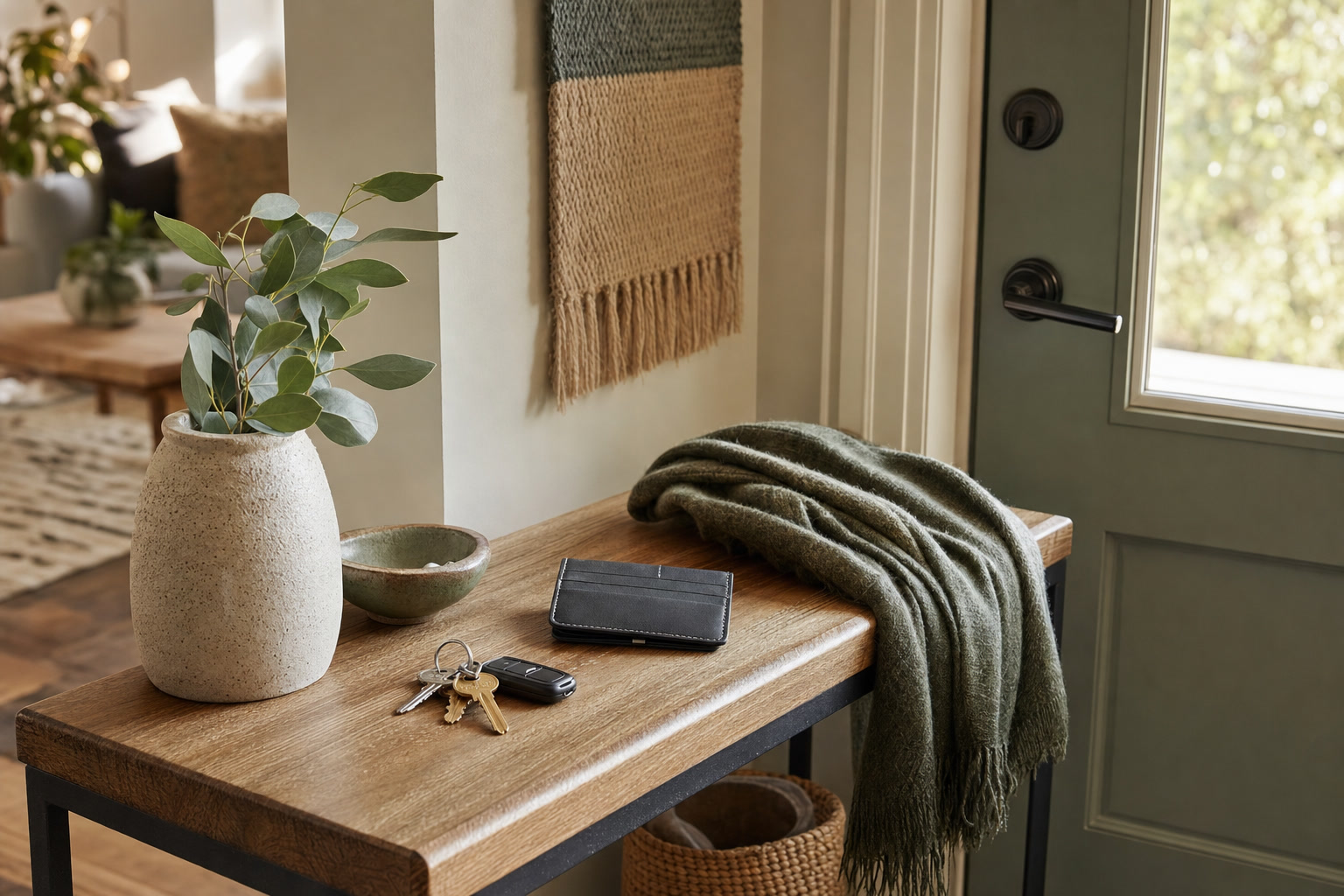 Keys, a card holder, and a folded scarf resting on a table near a home entryway.