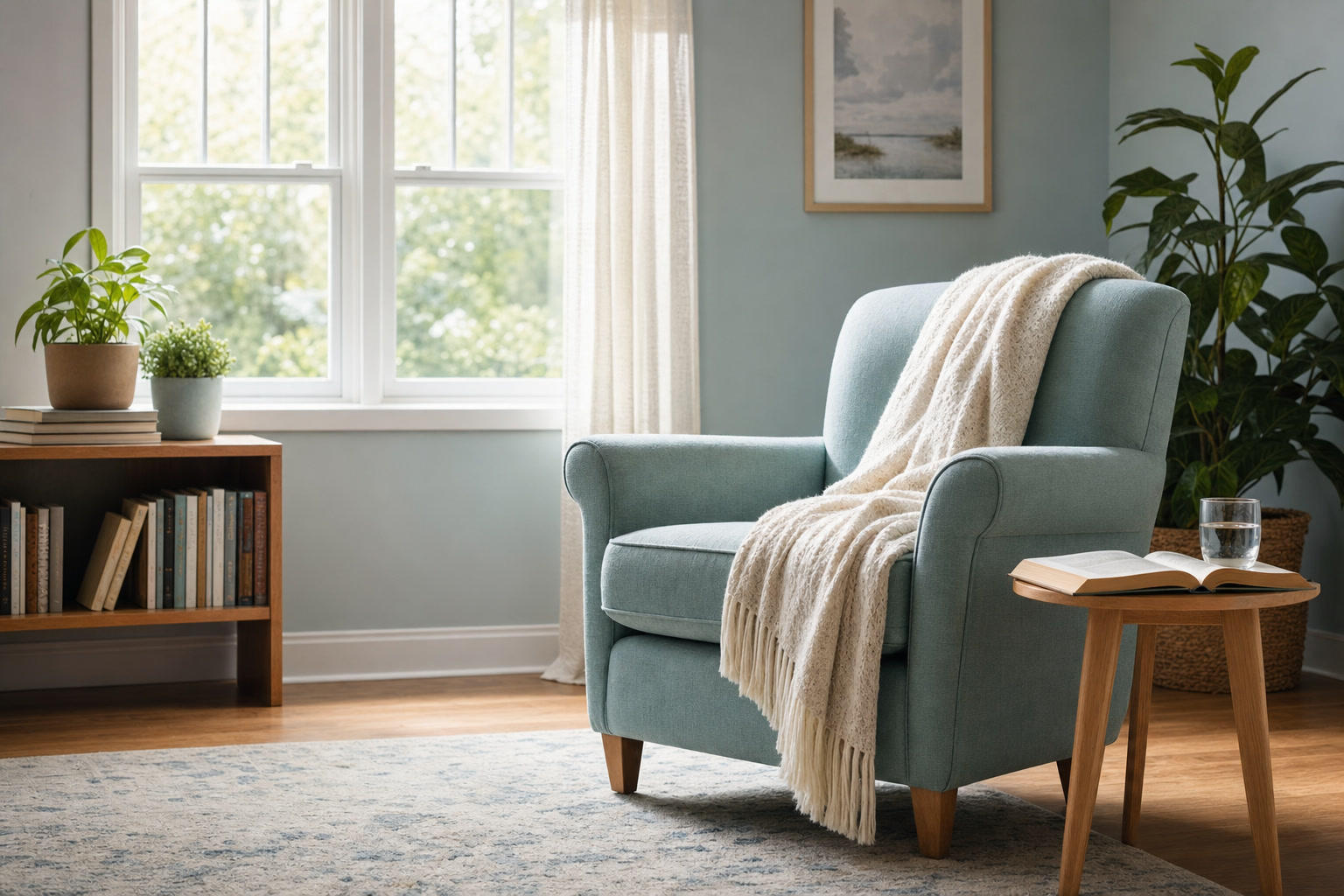 A peaceful reading chair with a blanket, book, and glass of water beside a bright window.