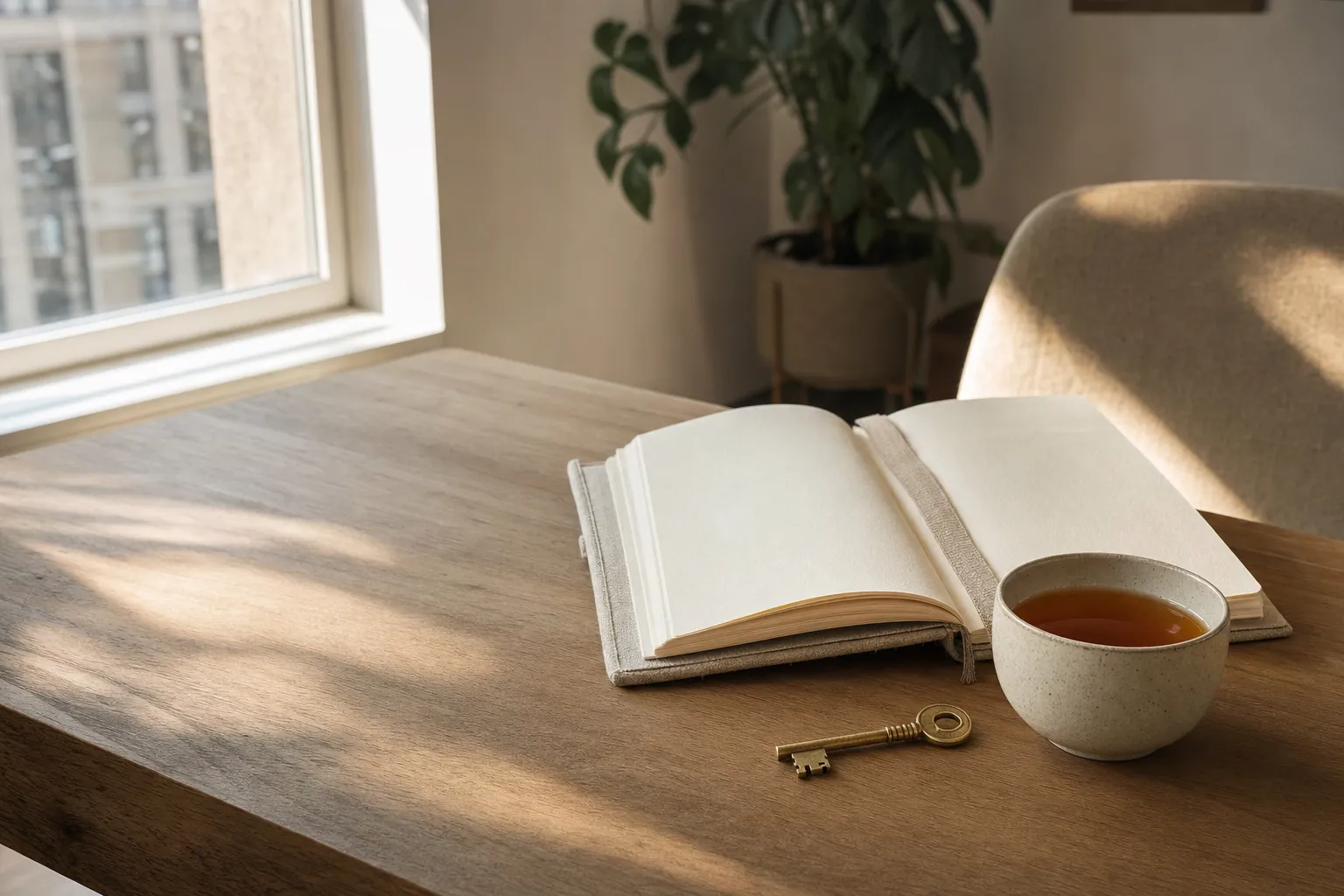 Journal and tea in a warm sunlit home