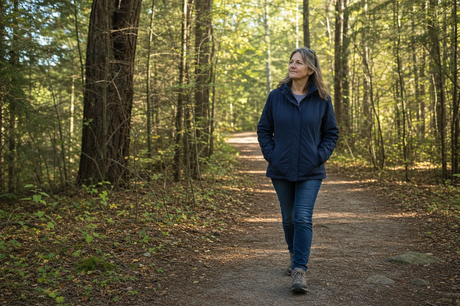 A woman taking a reflective walk through a wooded trail.