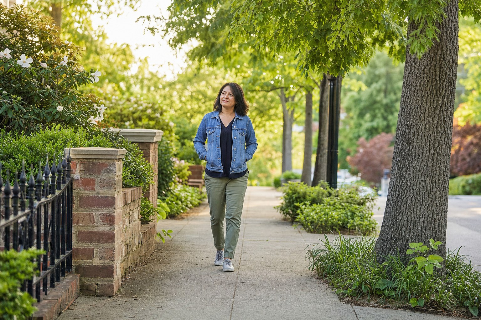 A woman taking a slow, grounding walk along a leafy neighborhood path.
