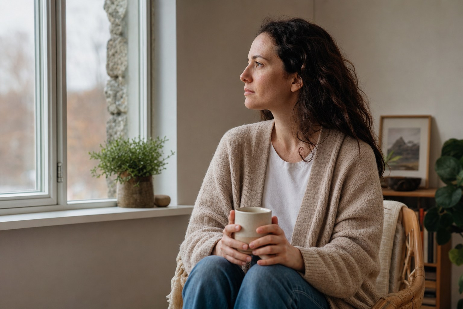 A woman taking a quiet, thoughtful pause beside a window at home.