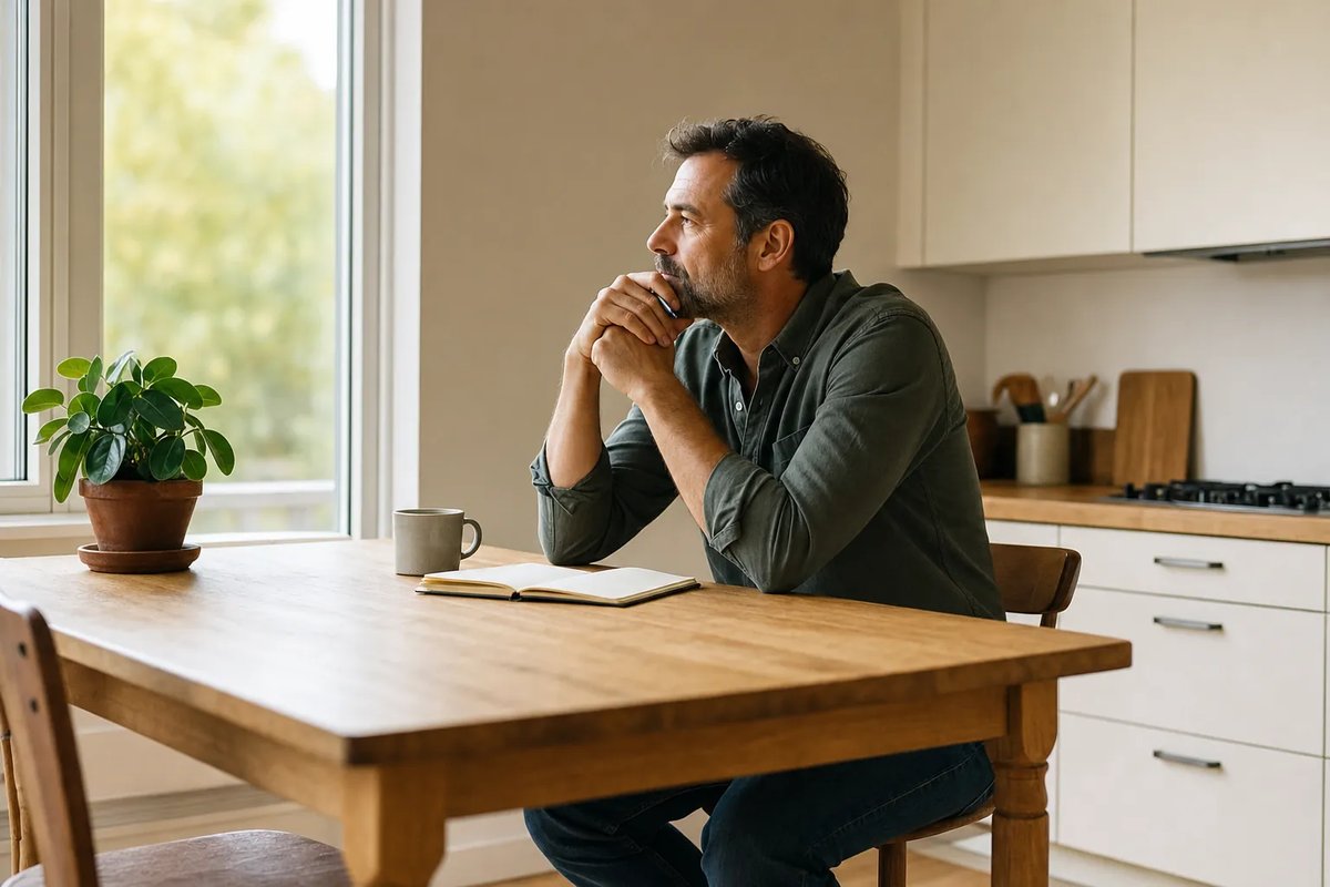 Person sitting quietly near a sunny window