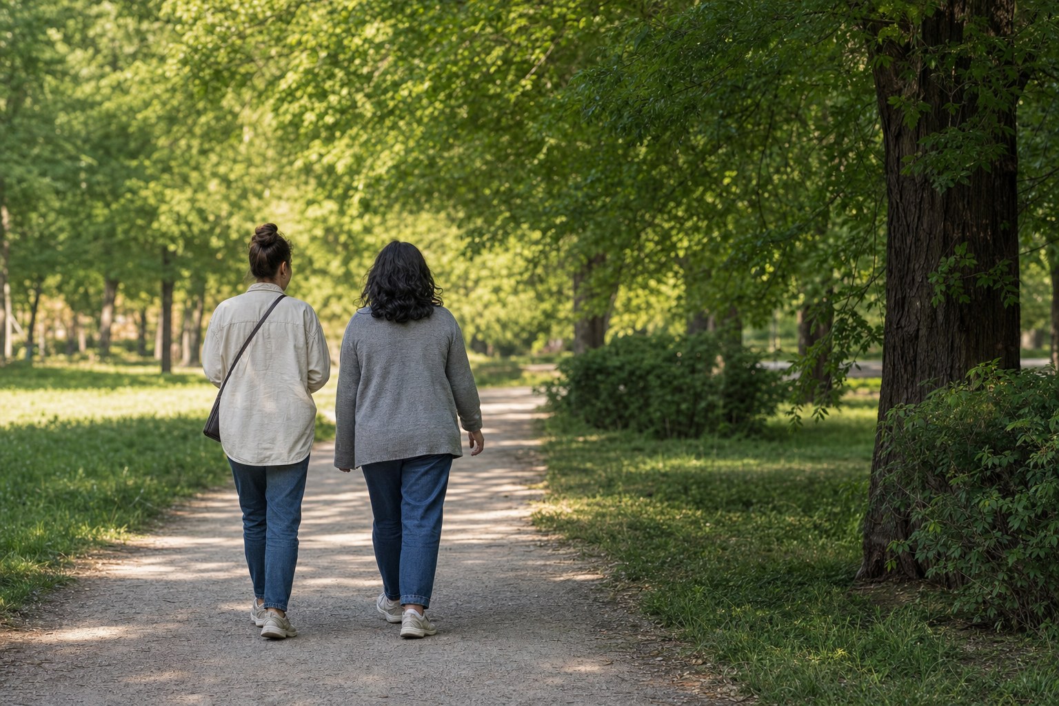 Two friends walking together on a leafy park path.