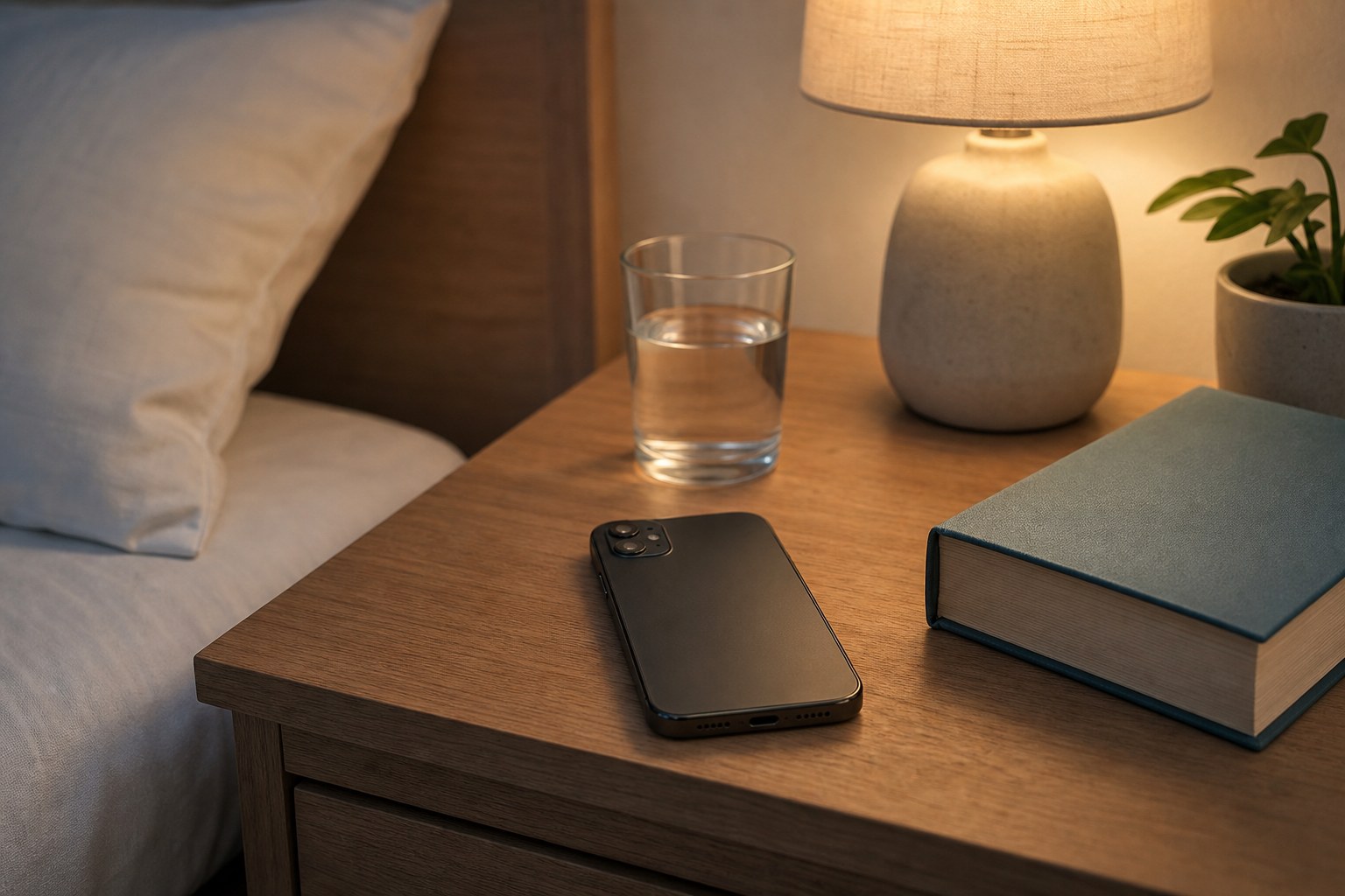 A phone face down on a bedside table beside a book and lamp.