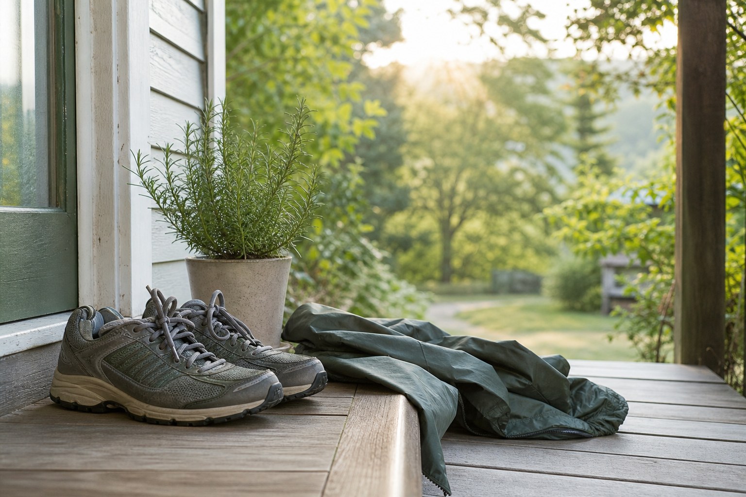 Walking shoes and a small rosemary plant on a sunny porch.
