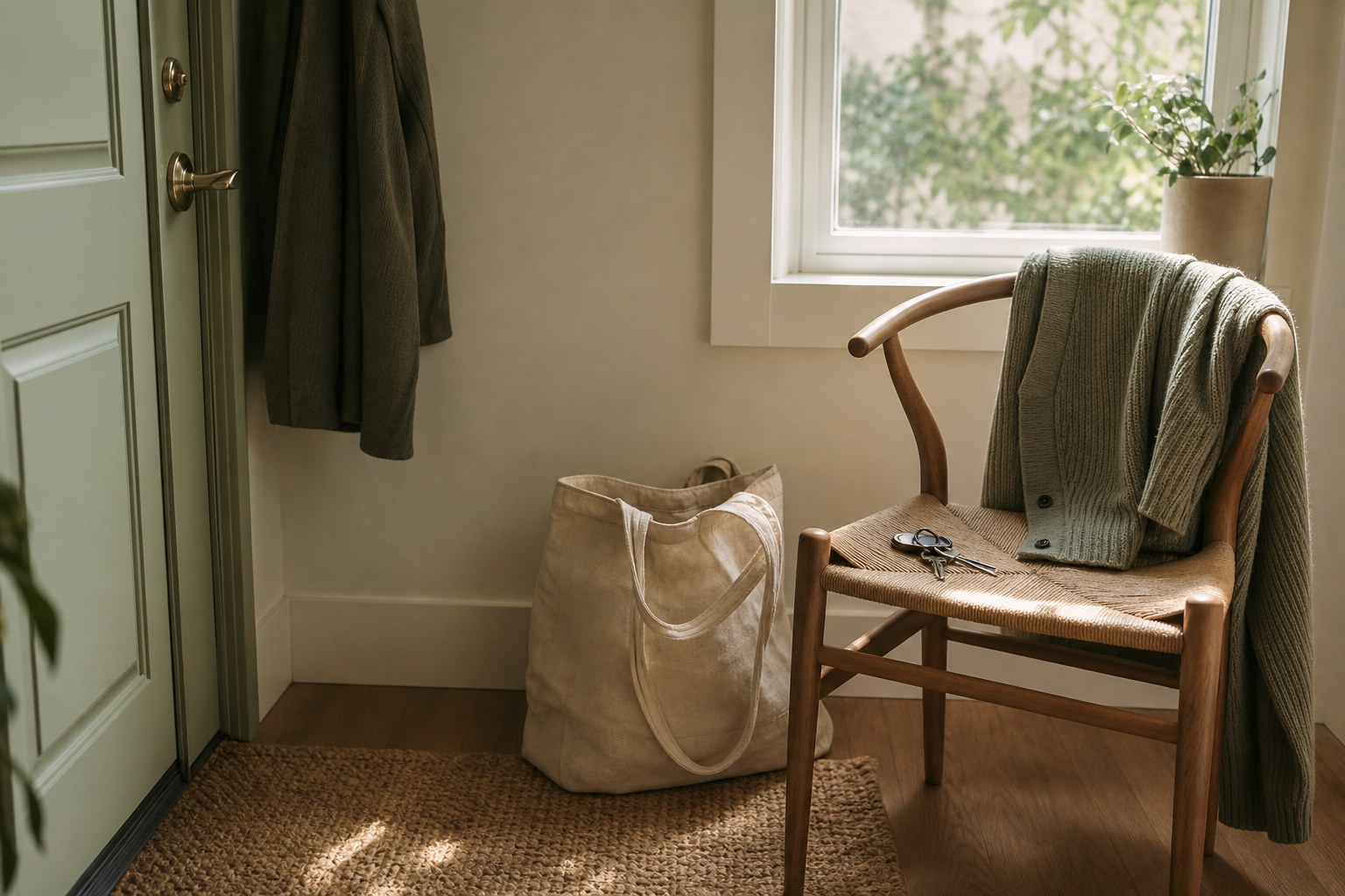 A tote bag, keys, and cardigan beside a sunlit window.