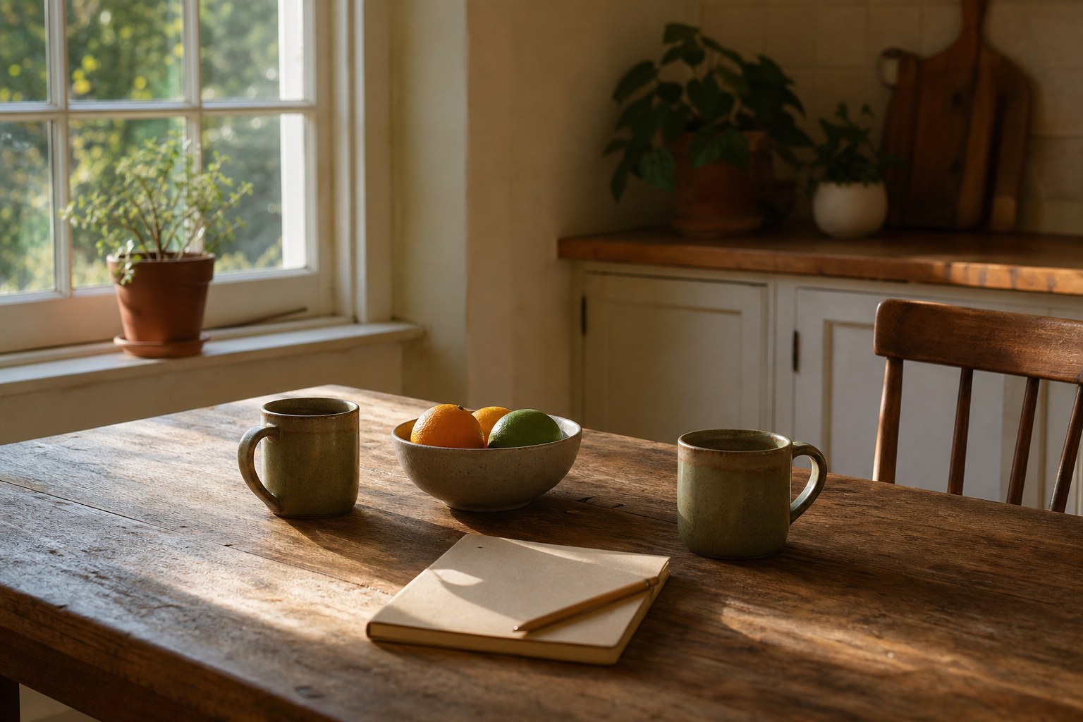 Two mugs and a notebook on a sunlit kitchen table.