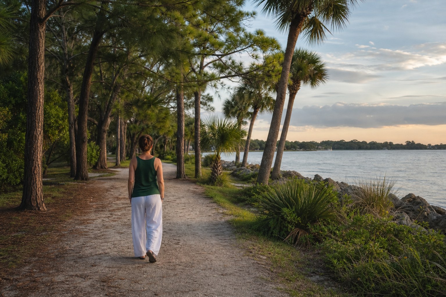 A woman taking a slow walk along a tree-lined waterfront path.