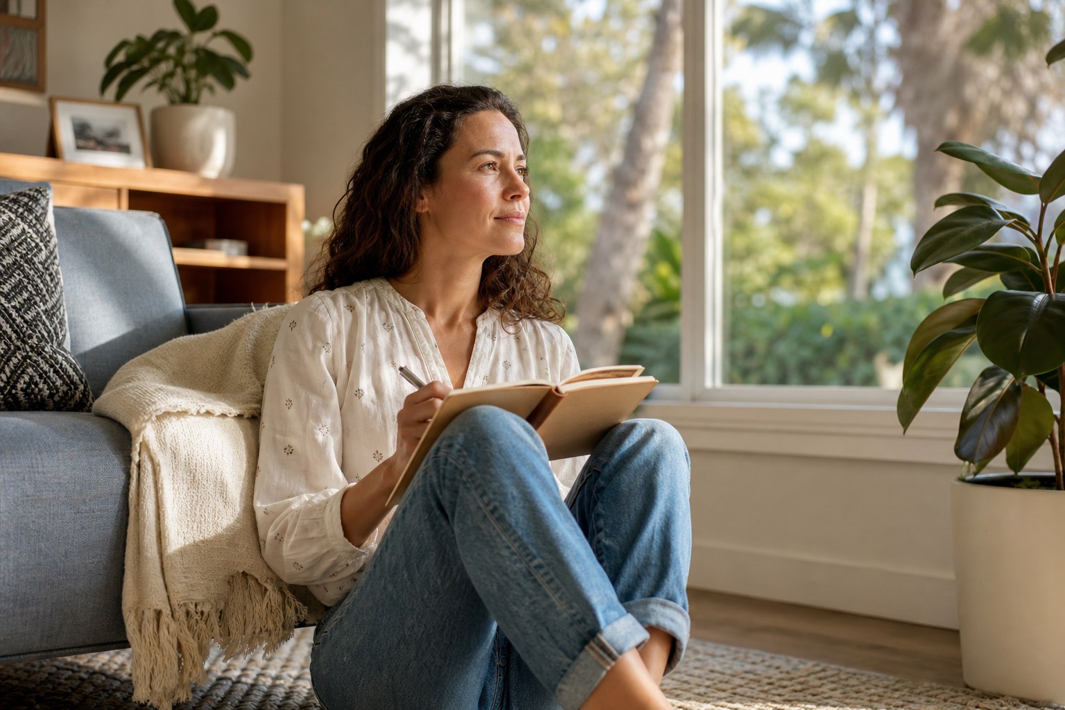 A woman reflecting with a notebook beside a sunny window.