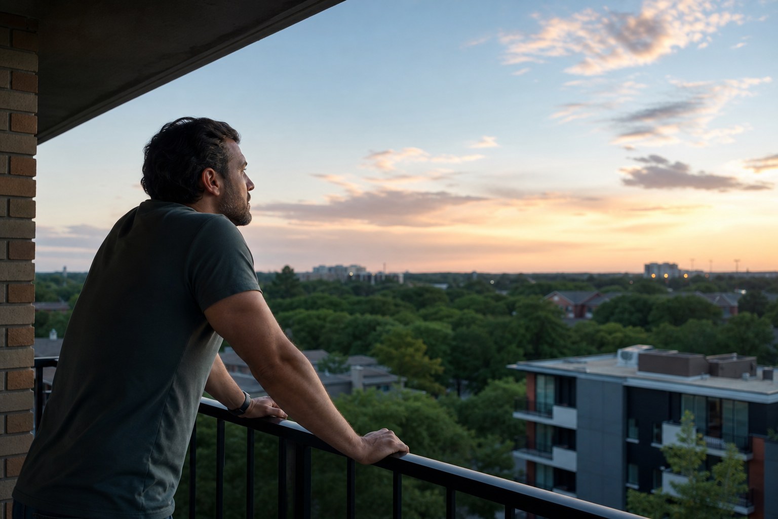 A person taking a calm pause on a shaded balcony at dusk.