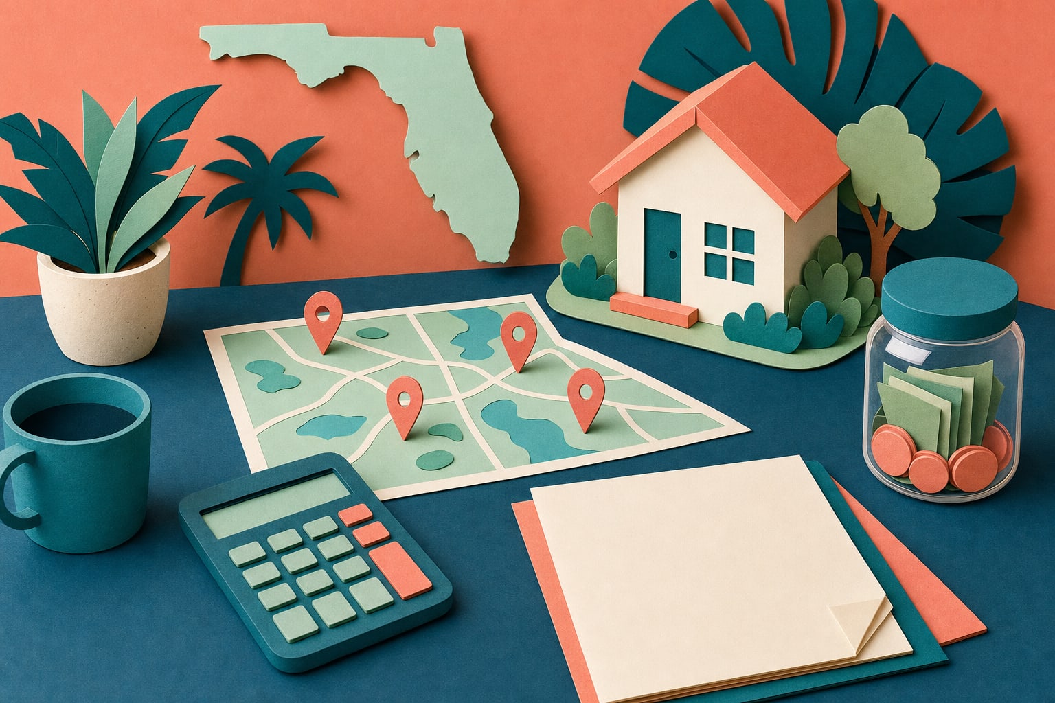 Paper-cut illustration of a Florida home, map, calculator, mortgage folder, and savings jar on a planning table