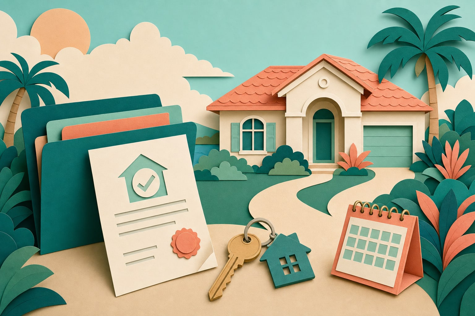 Paper-cut illustration of a Florida home, mortgage pre-approval letter, folders, key, and calendar
