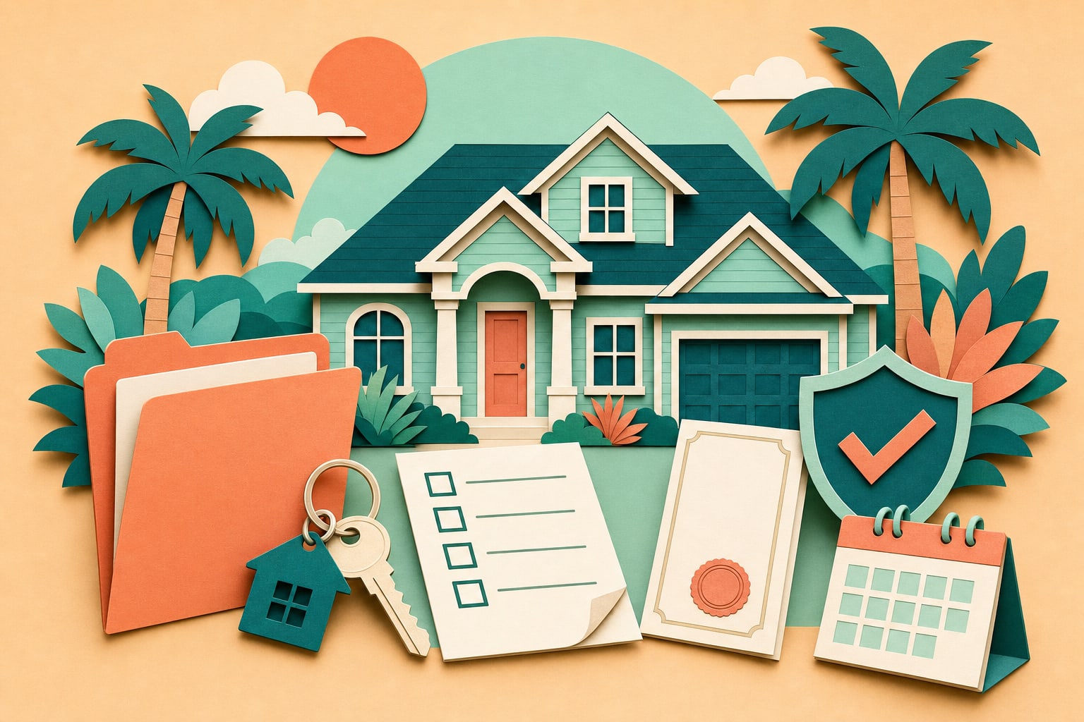 Paper-cut illustration of a Florida home with an offer folder, checklist, key, title document, insurance shield, and calendar