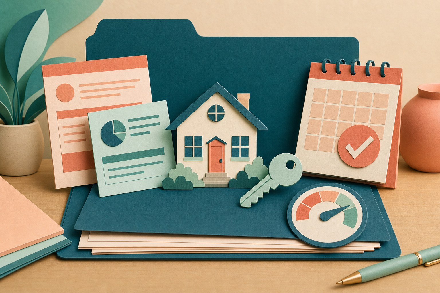 Paper-cut illustration of a home, credit report, savings file, calendar, key, and credit gauge arranged as one mortgage file