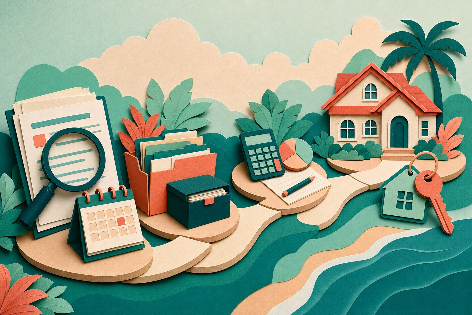 Paper-cut illustration of a credit report, calendar, documents, home, and key connected by a calm planning path