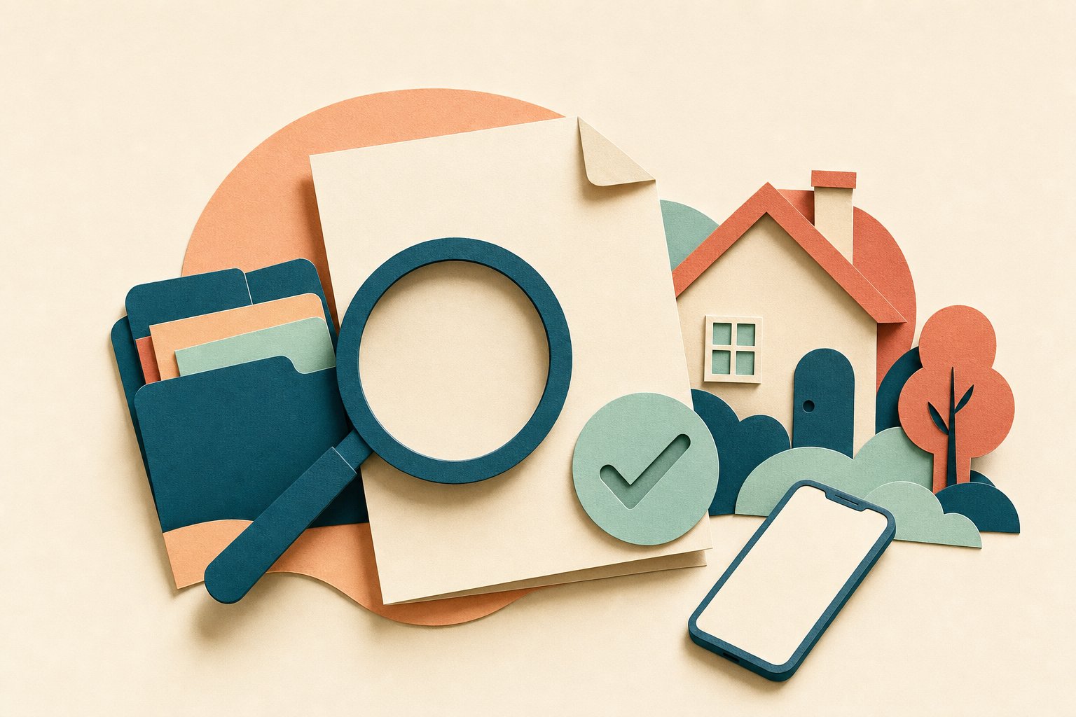 Paper-cut illustration of a magnifying glass reviewing a blank credit report beside a checkmark, home, document folders, and phone
