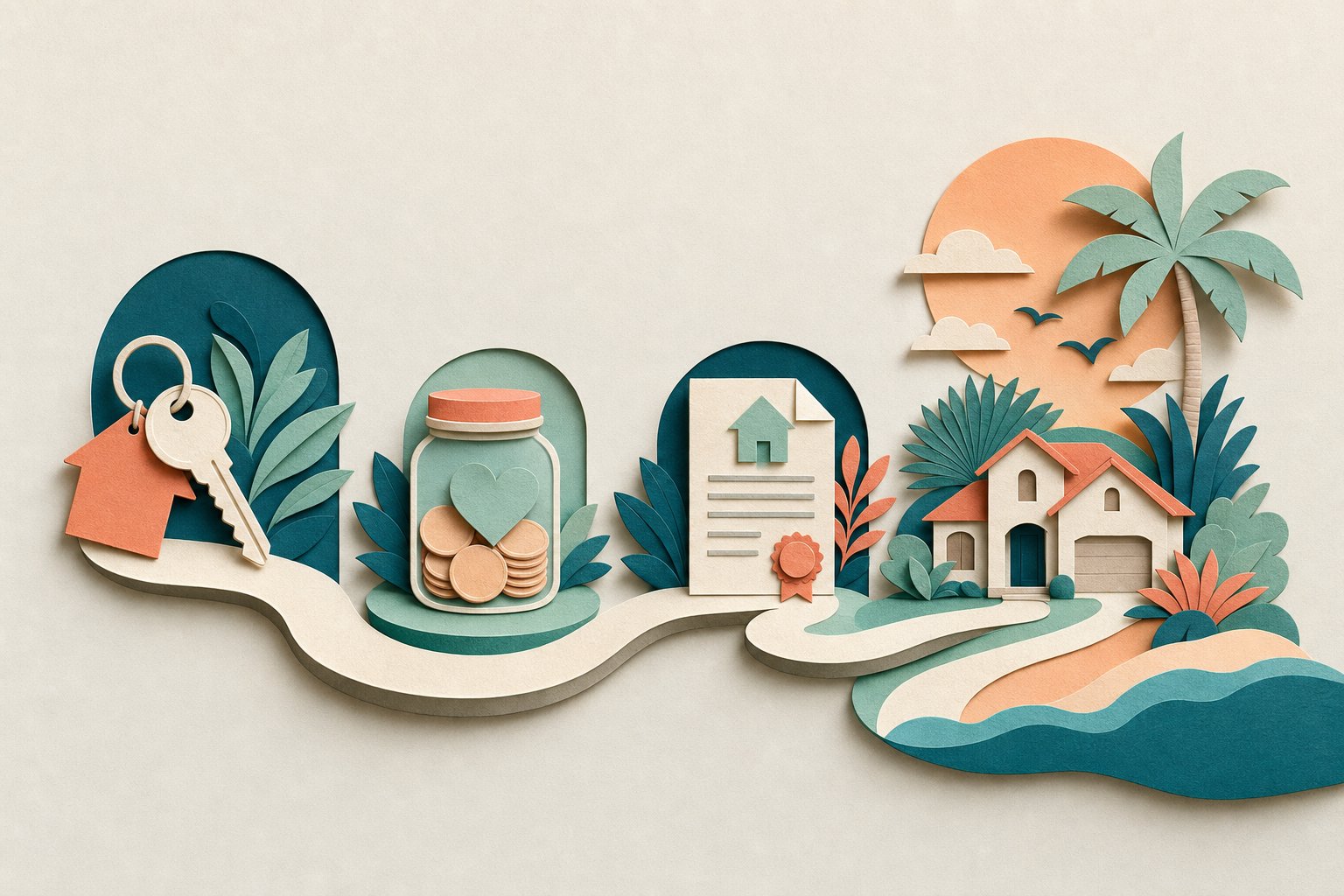 Paper-cut illustration of a homebuying path connecting a key, savings jar, mortgage document, Florida home, and calm coastal setting