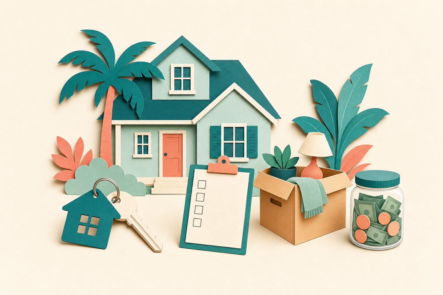 Paper-cut illustration of a Florida home, a house key, a checklist, a moving box, and a separate savings jar