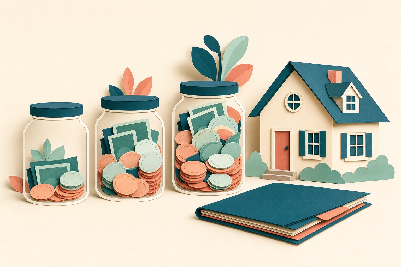 Paper-cut illustration of three savings jars, a home, coins, and an organized mortgage folder