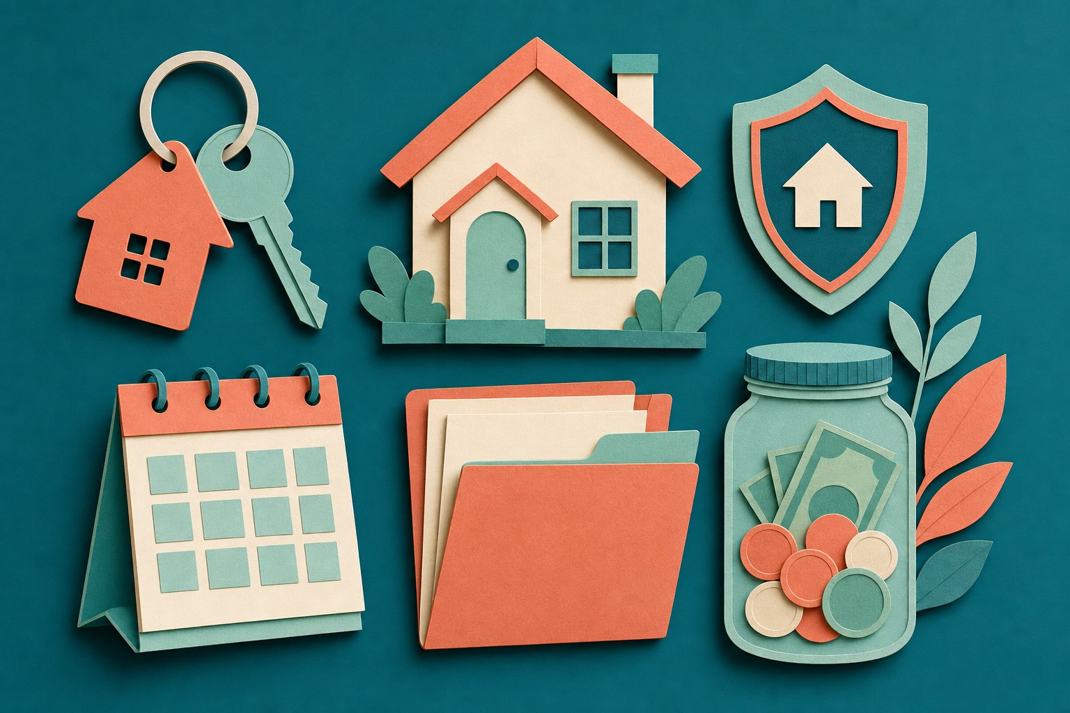 Paper-cut illustration of a home, key, calendar, savings jar, documents, and insurance shield