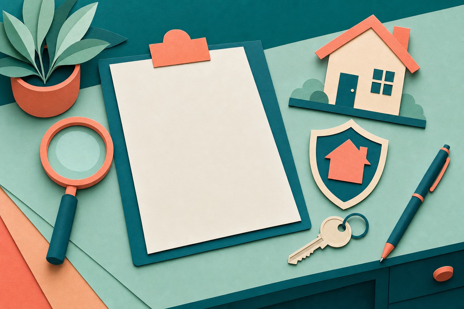 Paper-cut illustration of a mortgage document under review with a magnifying glass, pen, key, home, and title shield