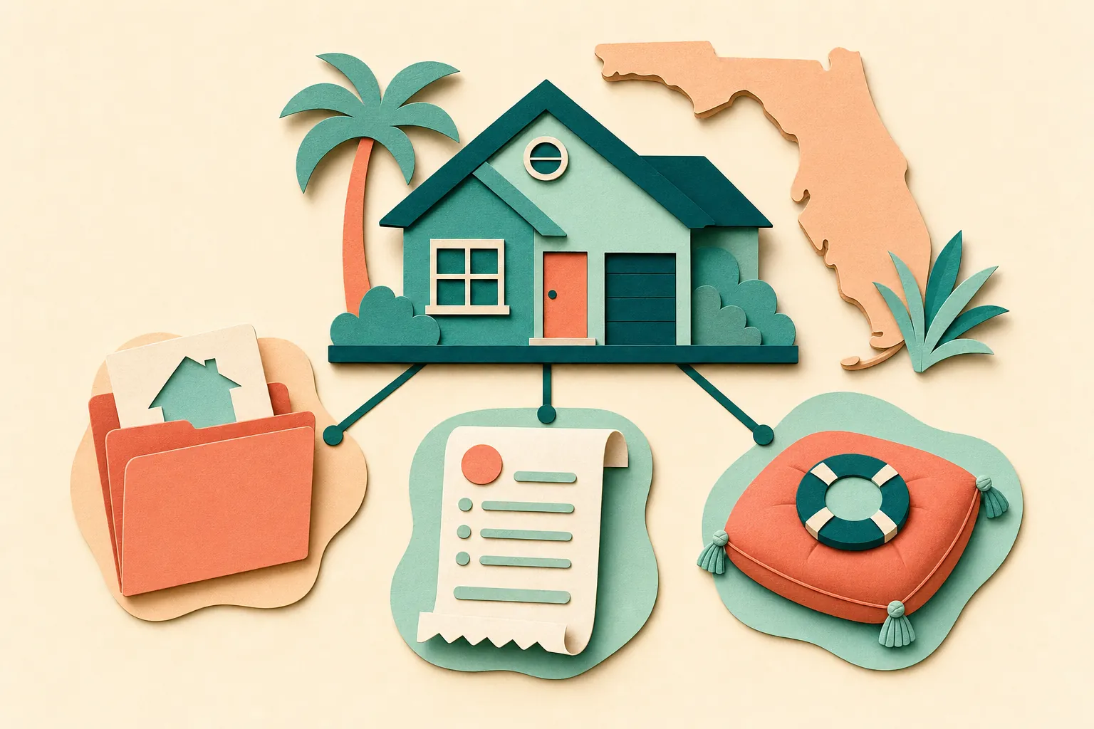 Paper-cut illustration of a Florida home balanced above a down-payment folder, closing-cost receipt, and savings cushion