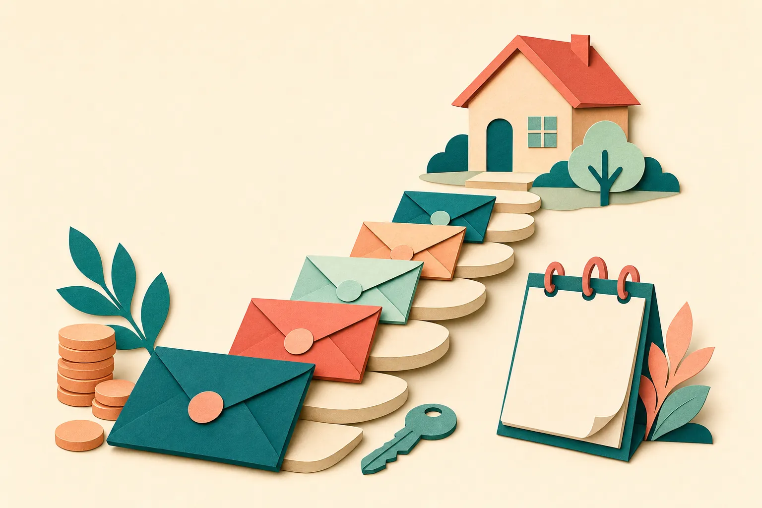 Paper-cut illustration of savings envelopes forming a path toward a home, with coins, calendar, and key